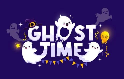 Halloween ghost time banner, cute kawaii phantoms Stock Illustration