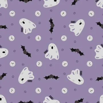 Halloween ghost vector pattern in cartoon style. Kawaii character. Stock Illustration