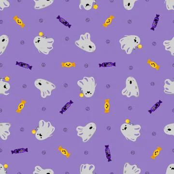 Halloween ghost vector pattern in cartoon style. Kawaii character. Stock Illustration