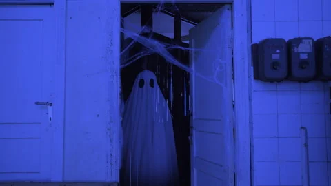 Halloween ghost in white sheet standing in ruined building among cobwebs at Stock Footage 311927912