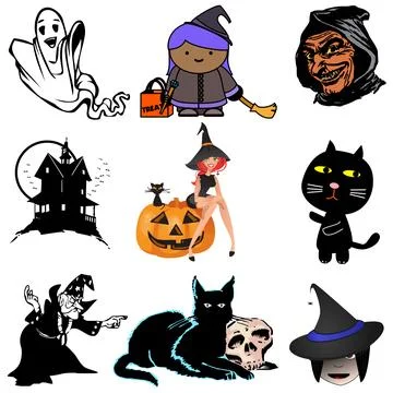 Halloween ghost witch black cat pumpkin haunted house vector set Stock Illustration