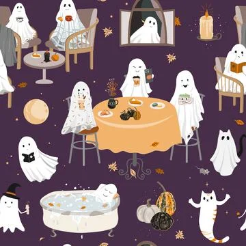 Halloween ghosts party seamless pattern. Cute sheet ghosts lifestyle festive  Stock Illustration