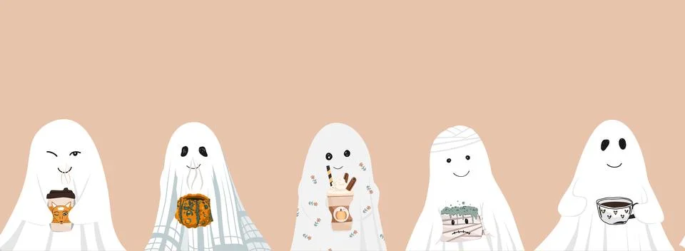 Halloween ghosts teatime seamless pattern. Fall vibes characters border, vect Stock Illustration