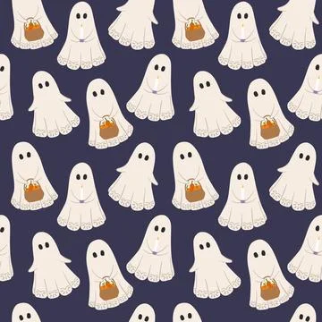 Halloween ghosts vector seamless pattern. Cute vintage ghosts with candles and Stock Illustration