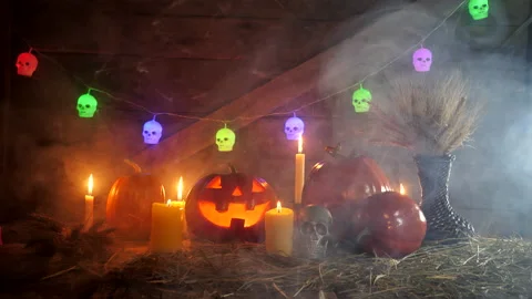 Halloween glowing Jack lantern in smoke. Pumpkin Halloween. Leaving camera Stock Footage 142060202