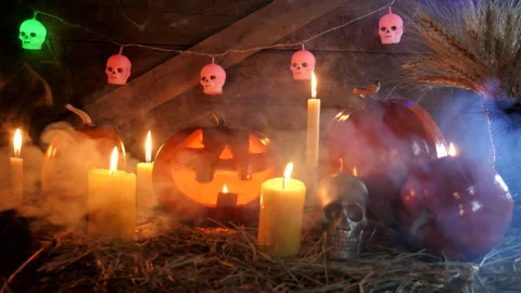 Halloween glowing lantern Jack lantern in smoke. Pumpkin Stock Footage 141824347