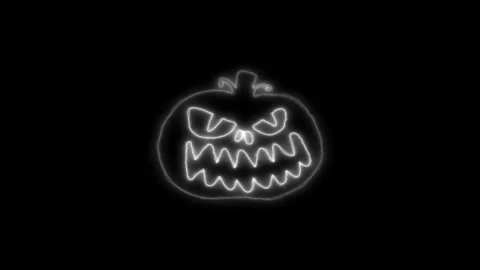 Halloween Glowing Neon Pumpkin Face Animation on Black Background Stock Footage 341476571