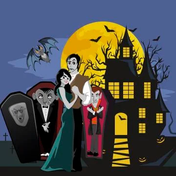 Halloween gothic party with vampire couple, fun background for horror invitation Stock Illustration