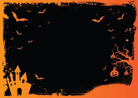 Halloween gradient orange background with grunge border, bat, pumpkin Illustrazione stock