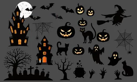 Halloween graphic elements - pumpkins, ghosts, zombie, owl, cat, candy and ot Stock Illustration
