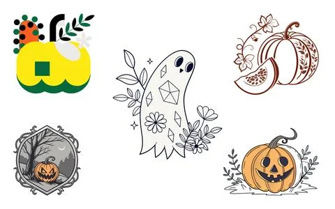 Halloween graphics set featuring pumpkins and cute ghost in modern line art.. 스톡 일러스트