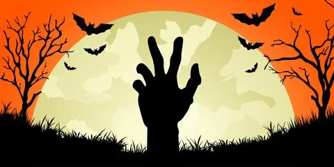 Halloween graveyard background with full moon, bats and spooky pumpkins. Ve.. イラスト素材