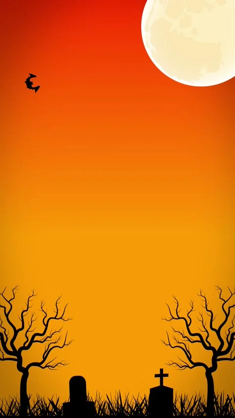 Halloween Graveyard Silhouette with Full Moon and Flying Bat on Orange Night Sky Stock-Footage 344732129