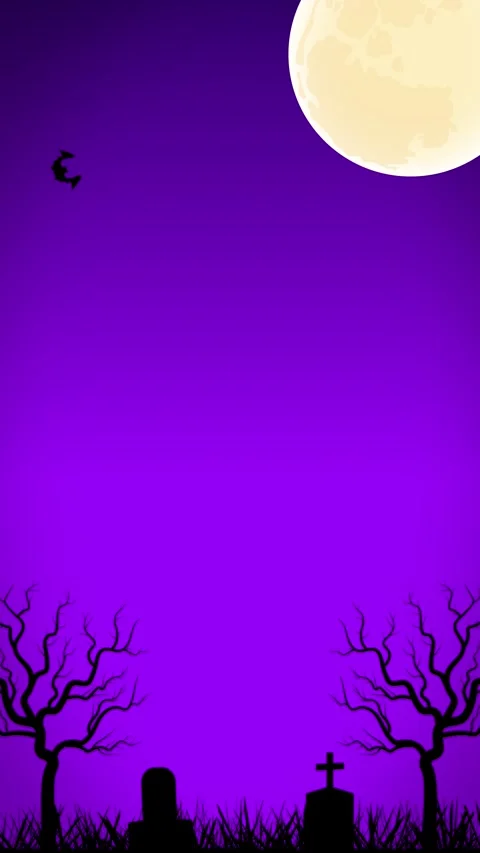Halloween Graveyard Silhouette with Full Moon and Flying Bat on Purple Night Sky 스톡 동영상 344732131