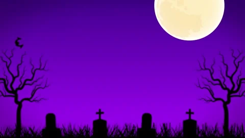 Halloween Graveyard Silhouette with Full Moon and Flying Bat on Purple Night Sky 스톡 동영상 344732784