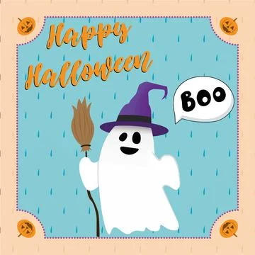 Halloween greeting card with ghost withe text Stock Illustration