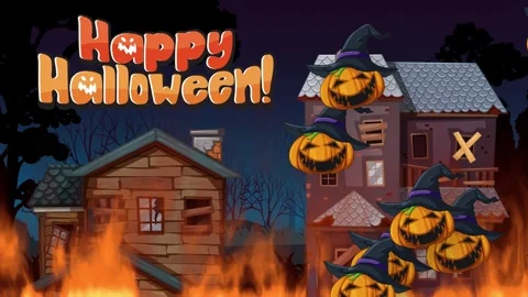 Halloween Greeting with Floating Jack-o-Lanterns and Burning Houses Stock Footage 341066537