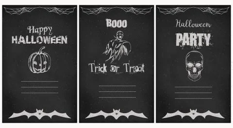 Halloween greeting vector cards set. Grunge chalkboard style. Stock Illustration