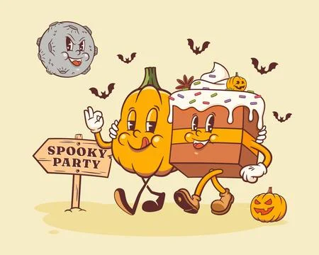 Halloween Groovy Pumpkin Spice and Cake Retro Characters. Cartoon Sweets Pudding Stock Illustration
