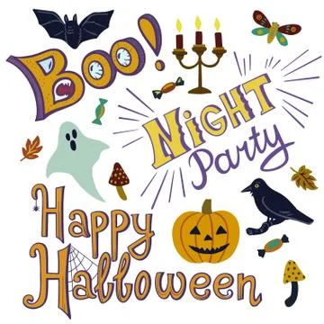 Halloween hand drawn lettering elements for design of flyers, banners and Stock Illustration