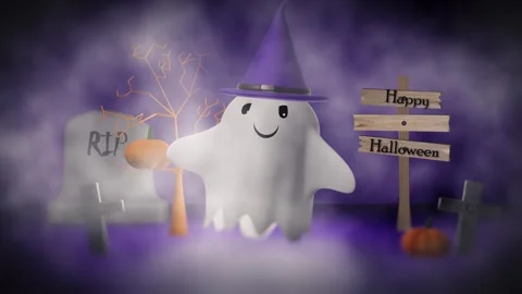 Halloween happy dancing ghost and rickey old wooden signpost 스톡 동영상 343382473