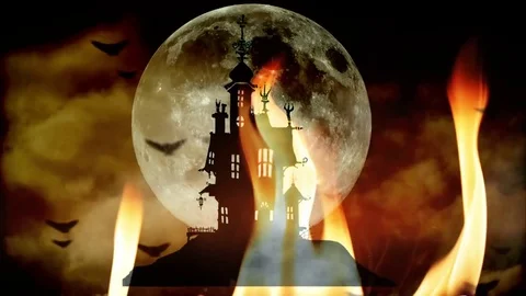 Halloween haunted flames castle background Stock Footage 80200601