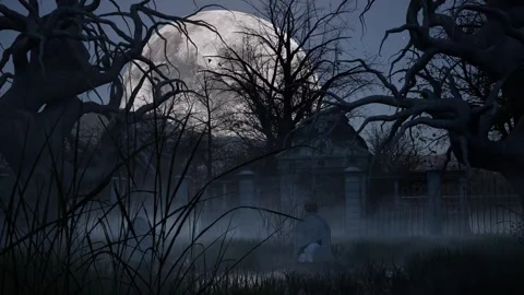 Halloween haunted graveyard inside dark woods forest at night time, with Stock Footage 286343841