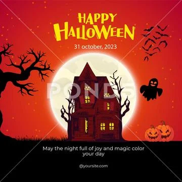 Halloween haunted house with ghost, bats, pumpkins, full moon PSD Template