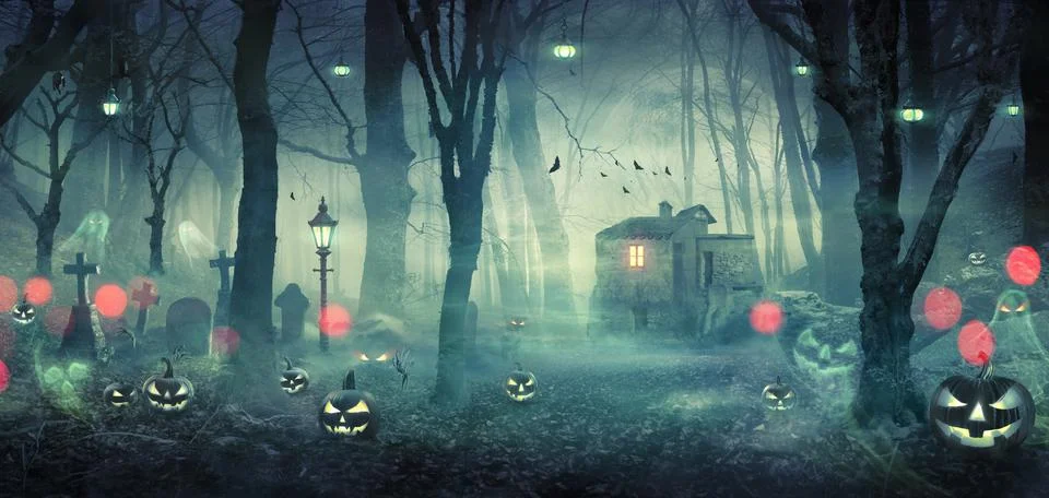 Halloween - Haunted House In Spooky Forest At Night With Pumpkins And Ghosts Stock Photos