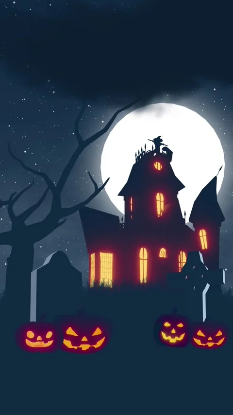 Halloween Haunted House Under Full Moon with Spooky Pumpkins Video stock 343625164
