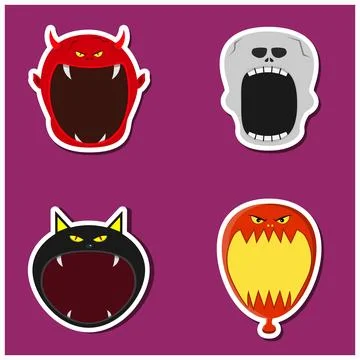 Halloween Head Set Design Sticker.Devil, Skeleton, Black Cat and Balloon He.. Stock Illustration
