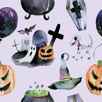 Halloween holiday seamless pattern with ghosts, pumpkins, house, witch hat and Illustrazione stock