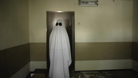 Halloween horror concept. Creepy ghost woman in white sheet alone in haunted Stock Footage 313891076