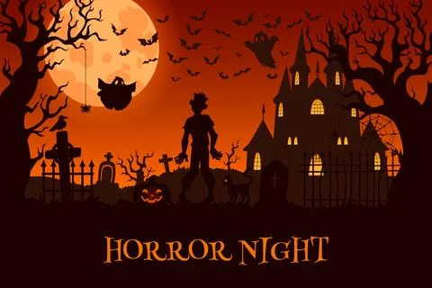 Halloween horror night poster with graveyard Stock Illustration
