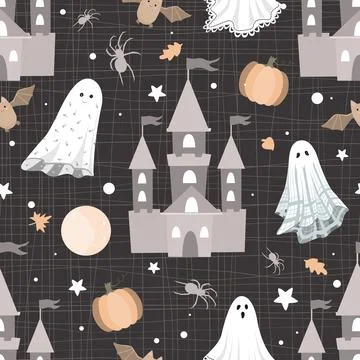 Halloween horror seamless pattern. Dark castles, pumpkin, spiders and sheets Illustrazione stock