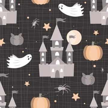 Halloween horror seamless pattern. Dark castles, pumpkin, spiders and ghosts Illustrazione stock