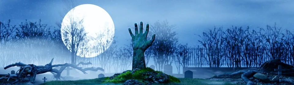 Halloween horror theme. A corpse or zombie rises from a grave in a cemetery on a Stock Illustration