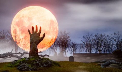 Halloween horror theme. A corpse or zombie rises from a grave in a cemetery.. Stock Illustration