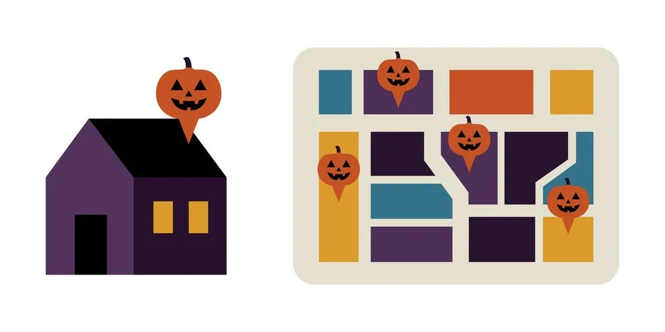 Halloween house and map with pumpkin pins vector illustration Иллюстрация