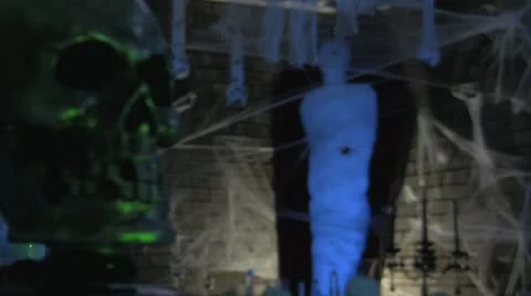Halloween House Full of Decorations and Scary Spider webs and Skulls Mummy i Stock Footage