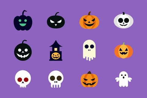 Halloween icon set. Bat, Ghost spirit, Black cat, pumpkin with face. Cute c.. Stock Illustration