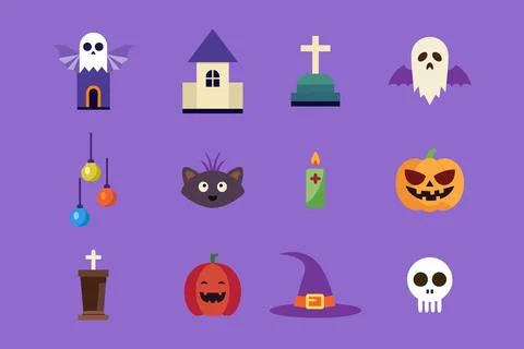 Halloween icon set. Bat, Ghost spirit, Black cat, pumpkin with face. Cute c.. Stock Illustration
