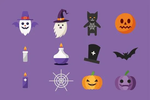 Halloween icon set. Bat, Ghost spirit, Black cat, pumpkin with face. Cute c.. Stock Illustration