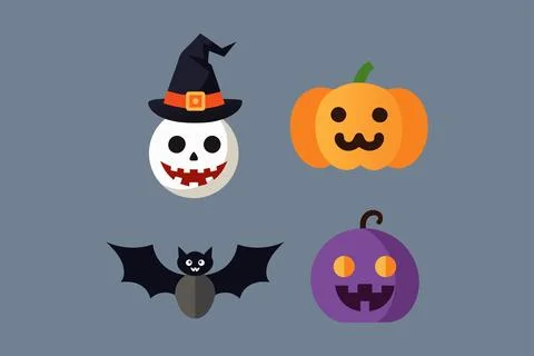 Halloween icon set. Bat, Ghost spirit, Black cat, pumpkin with face. Cute c.. Stock Illustration