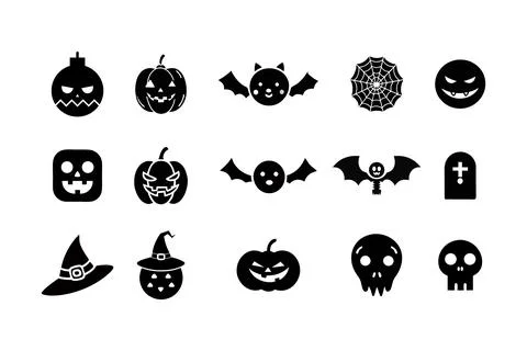 Halloween icon set. Bat, Ghost spirit, Black cat, pumpkin with face. Cute c.. Stock Illustration