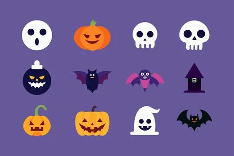 Halloween icon set. Bat, Ghost spirit, Black cat, pumpkin with face. Cute c.. Stock Illustration