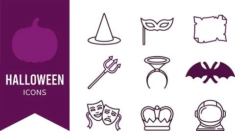 Halloween icon set featuring outline vector symbols like witch hat, mask, p.. Stock Illustration