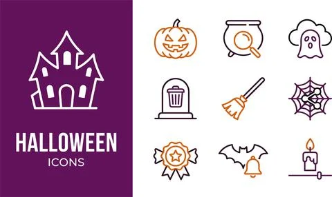 Halloween icon set featuring outline spooky symbols like haunted house pump.. Stock Illustration