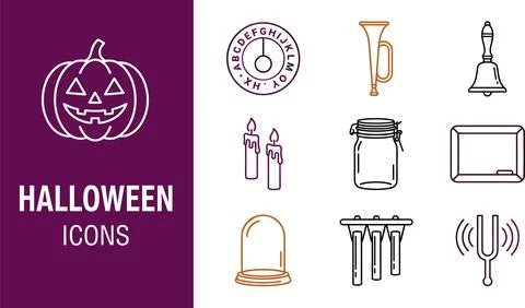 Halloween icon set featuring outline spooky symbols including pumpkin Jack .. Stock Illustration