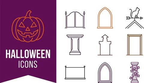 Halloween icon set featuring outline vectors of jack o lantern, haunted gat.. Stock Illustration